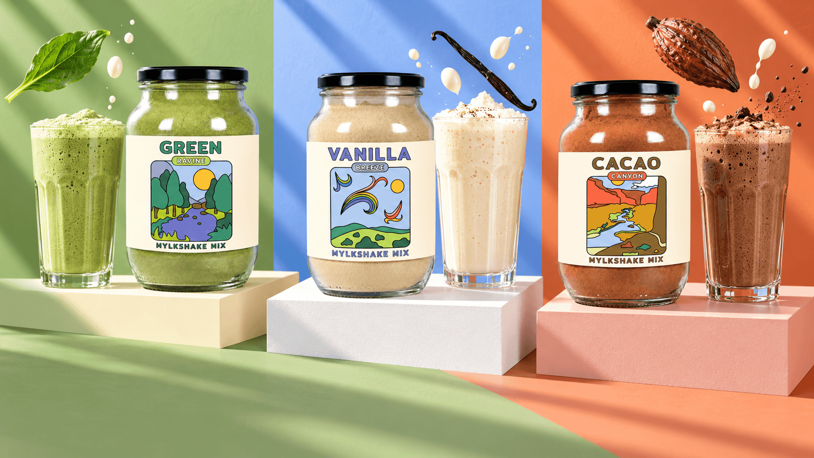 Alchemy Hub Mylkshake Mix jars in Green Ravine, Vanilla Breeze and Cacao Canyon beside three frothy shakes.