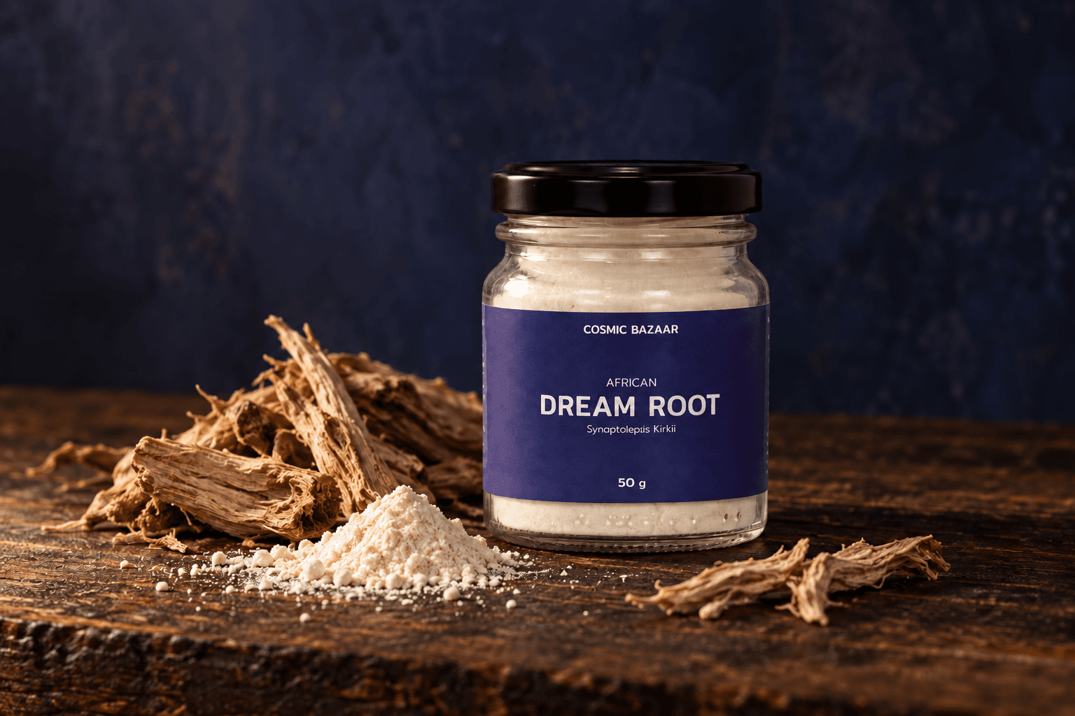 African Dream Root jar on dark timber beside pale root powder and pieces of dried root.