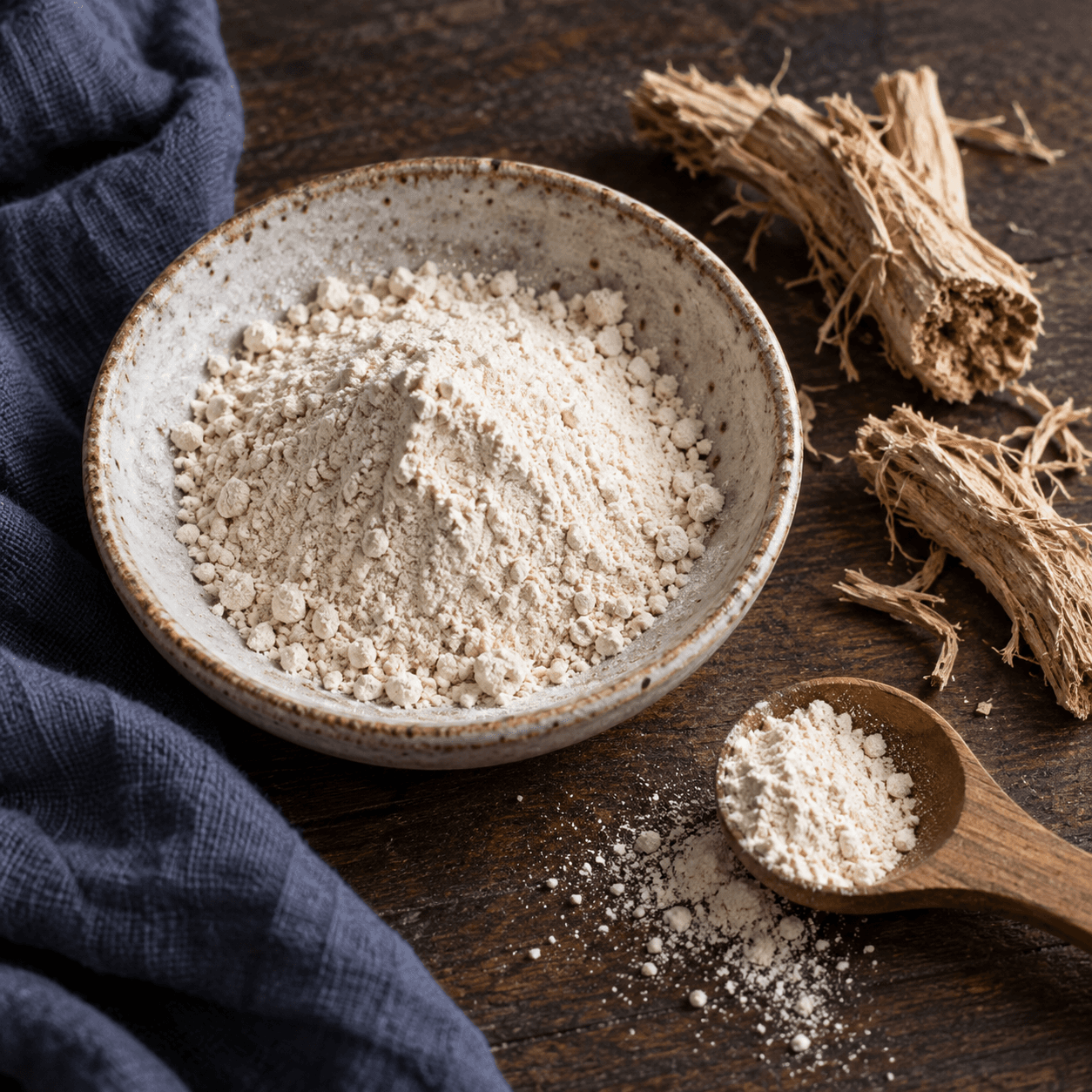 Pale ground root in a ceramic dish with a wooden spoon and pieces of dried root.