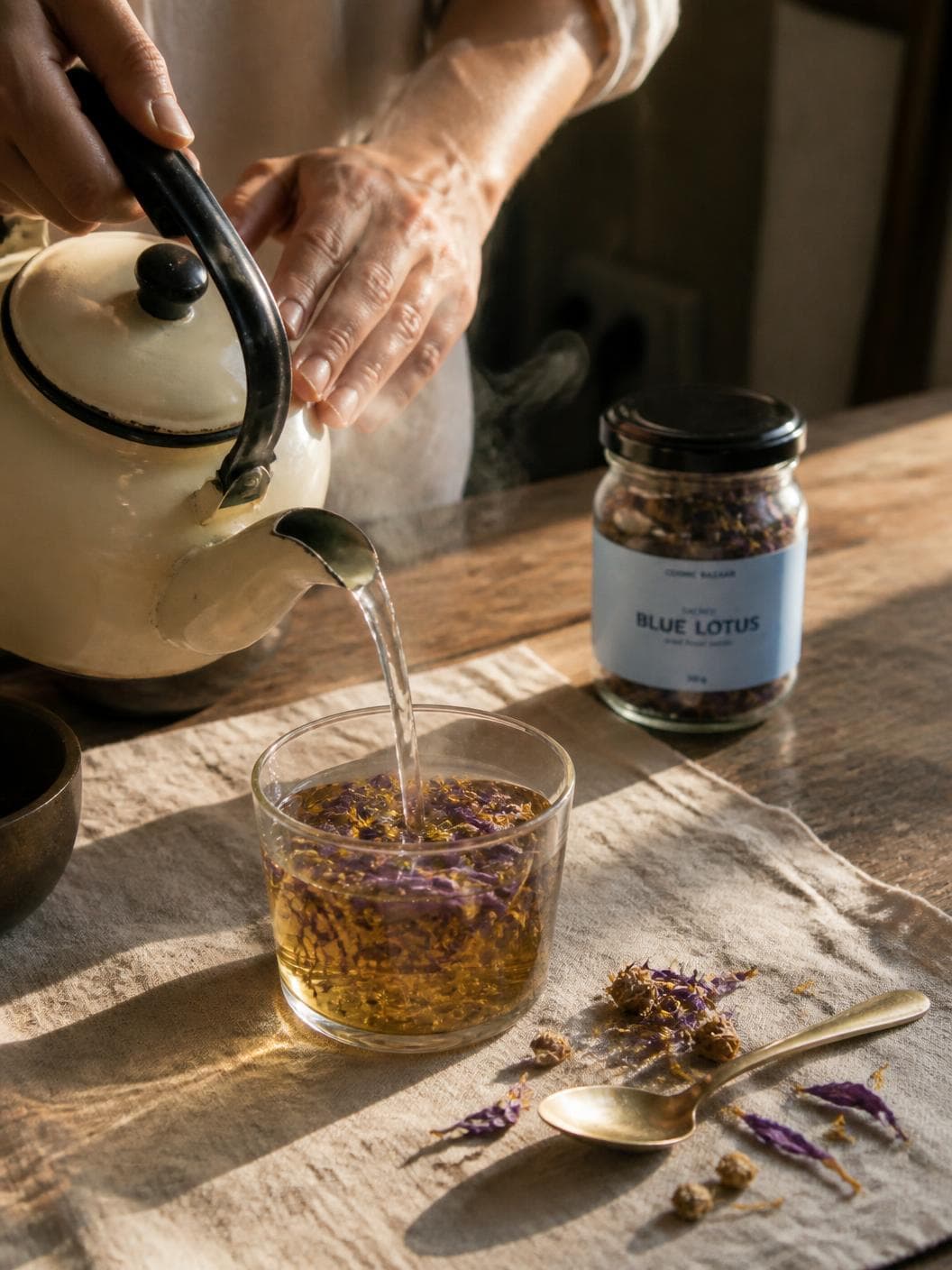 Two hands pouring from a cream enamel kettle into a glass cup packed with violet petals on a linen runner, steam in the low sun, the jar and a brass spoon beside it.