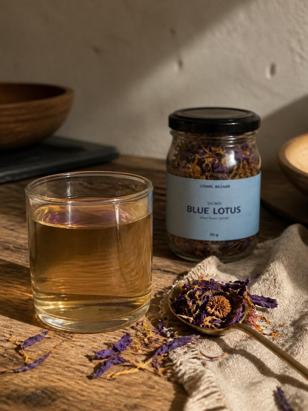 A worn kitchen table in low afternoon sun: a glass tumbler of pale amber infusion, the jar of dried petals behind it, and a brass spoon heaped with violet petals on crumpled linen.