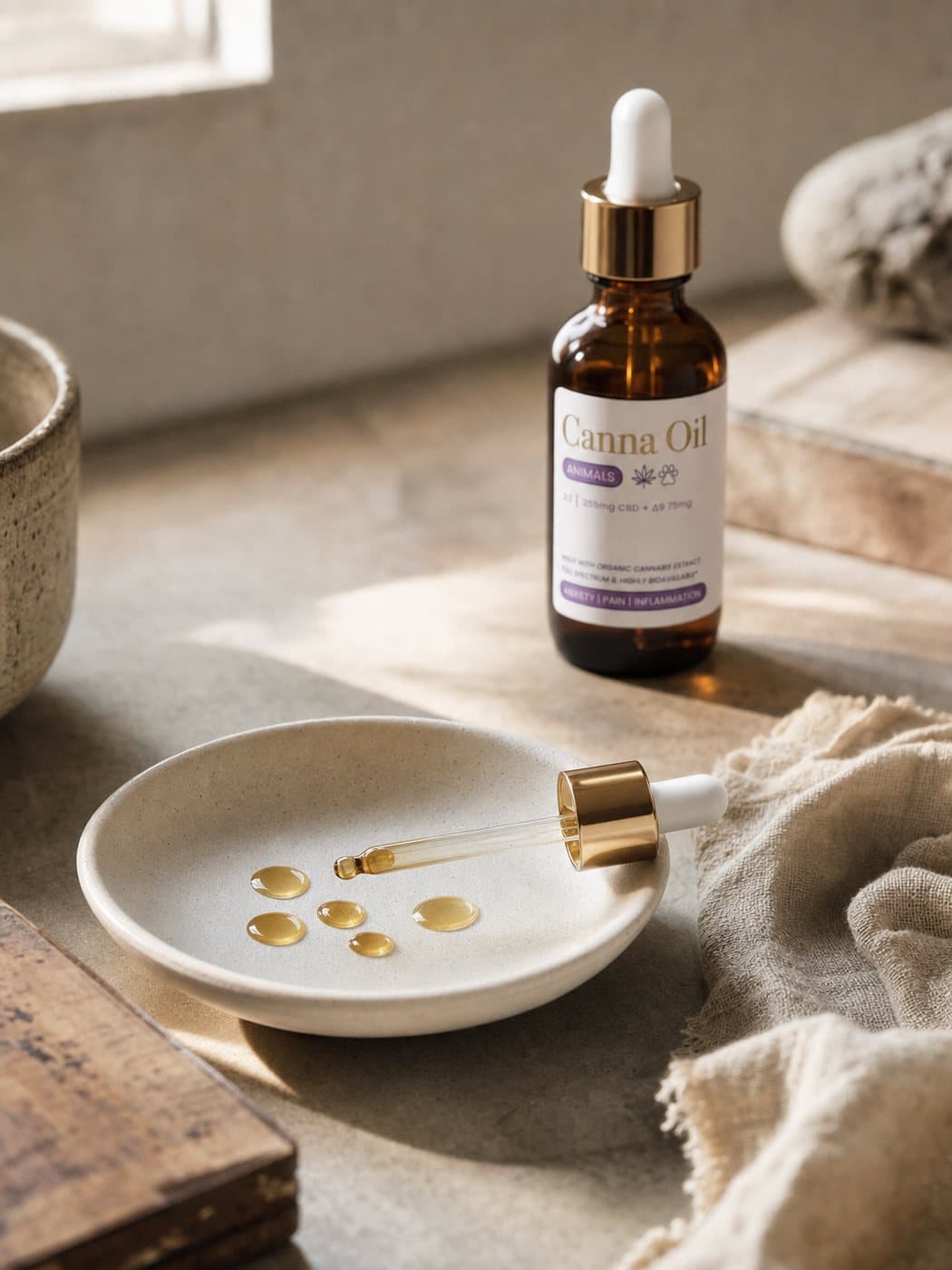 A shallow ceramic dish holding a handful of counted beads of amber oil, the glass pipette resting across its rim, the bottle standing behind and softly out of focus.