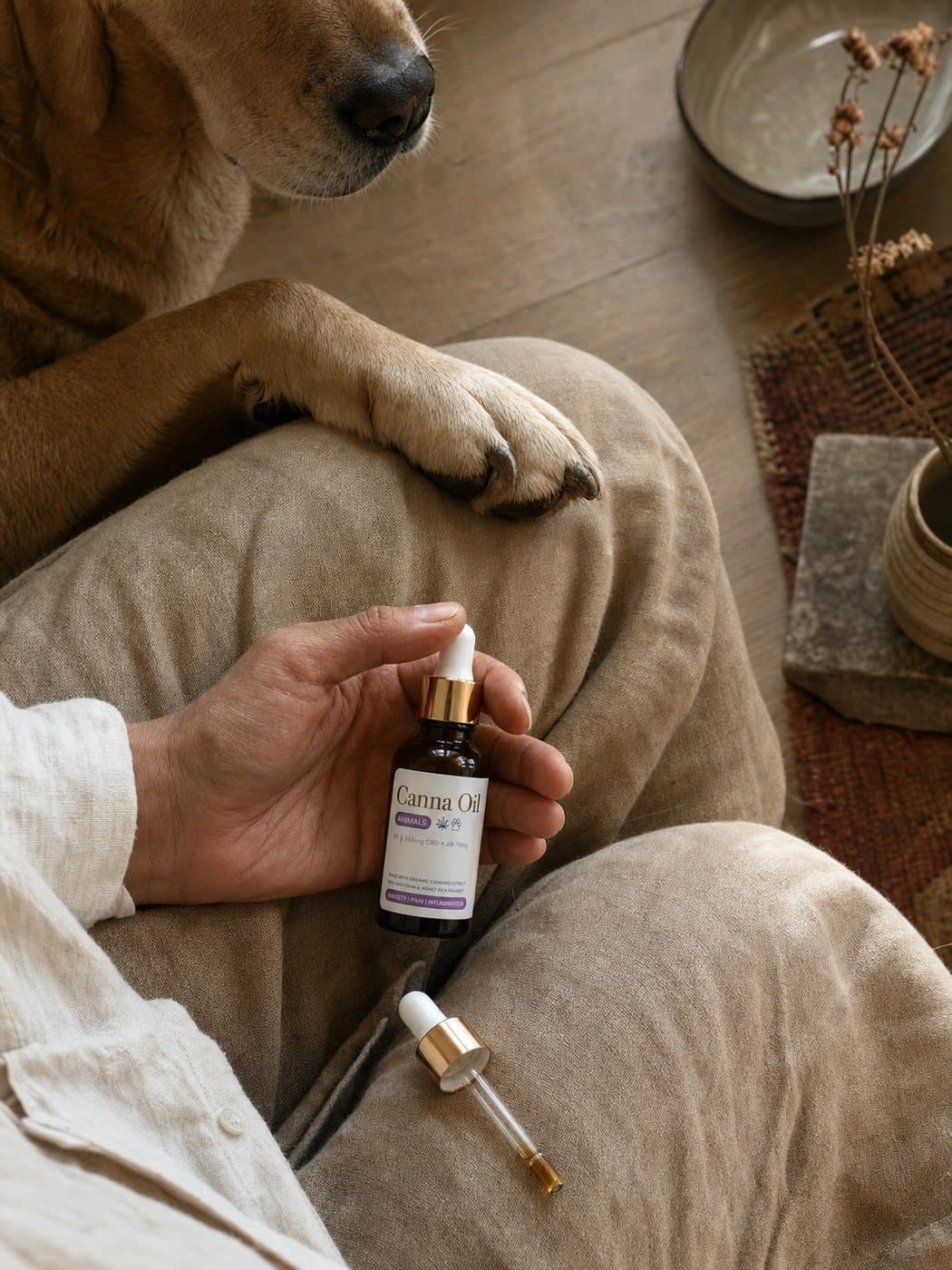 A dog's muzzle and one paw resting across someone's knee, a hand holding the bottle and its glass pipette below.