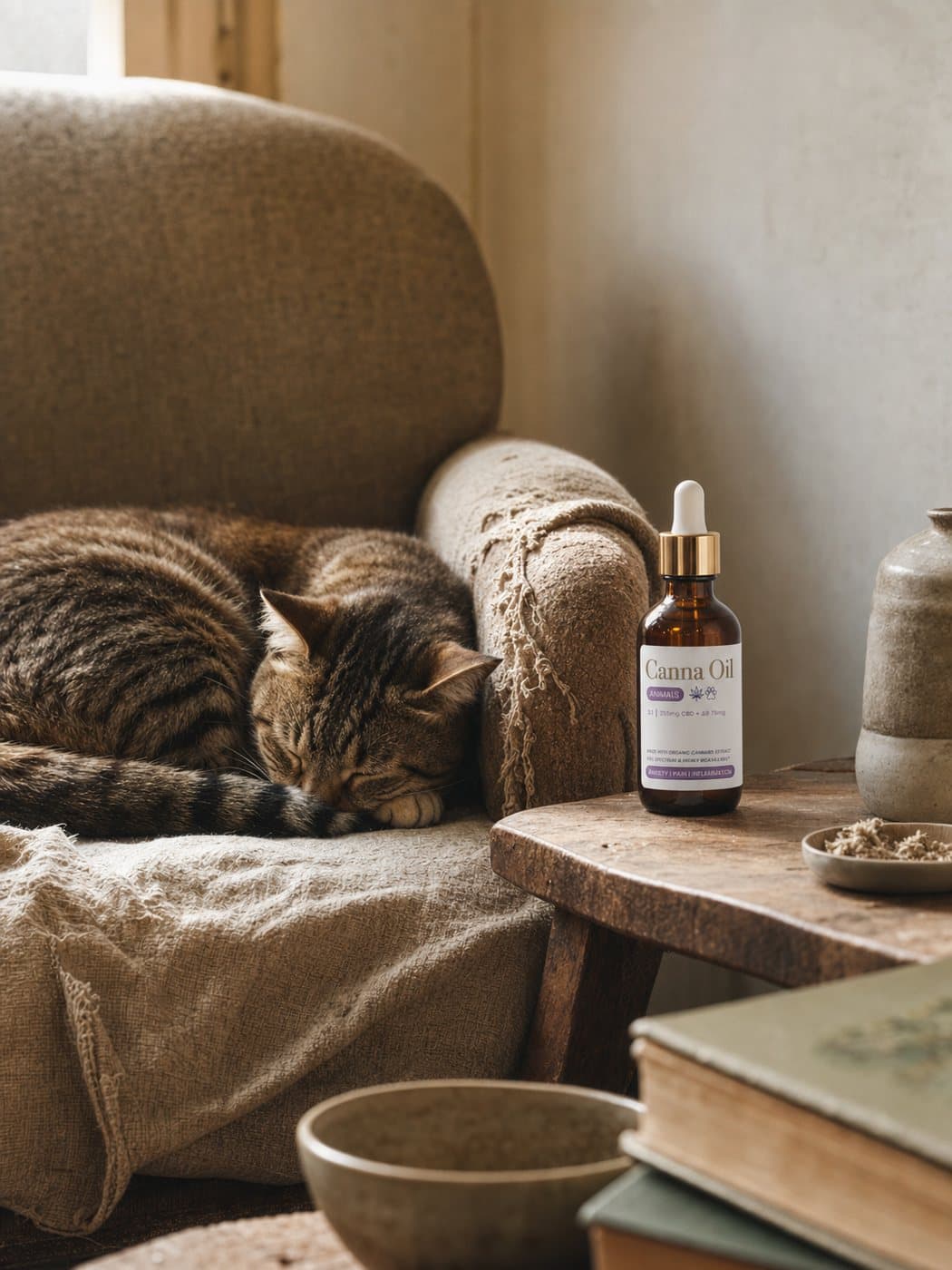 A tabby cat curled asleep on a worn armchair in afternoon light, the bottle standing on a small side table in front of it.