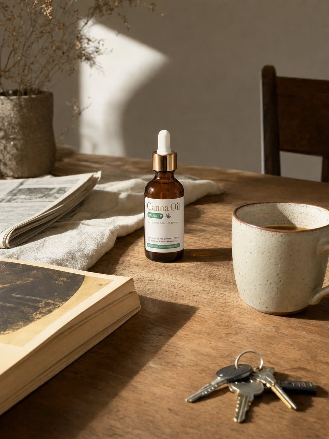A lived-in kitchen table in mid-morning sun: the bottle among a cup of coffee, an open book, a folded newspaper and a set of keys.