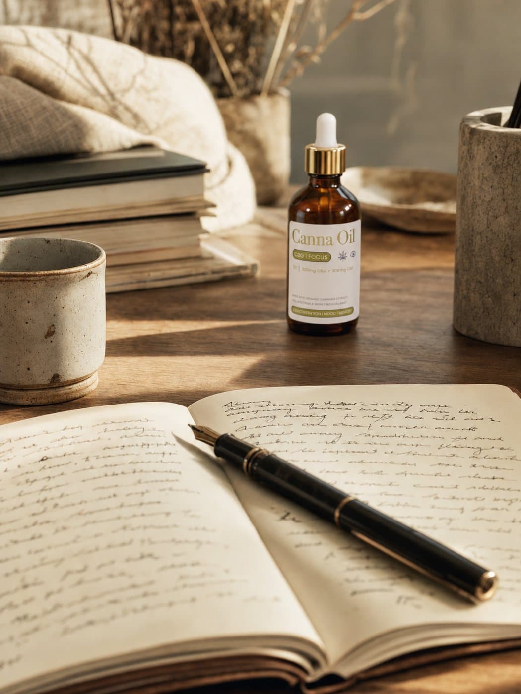 A working desk early in the day, the bottle beside an open notebook covered in handwriting and a fountain pen.