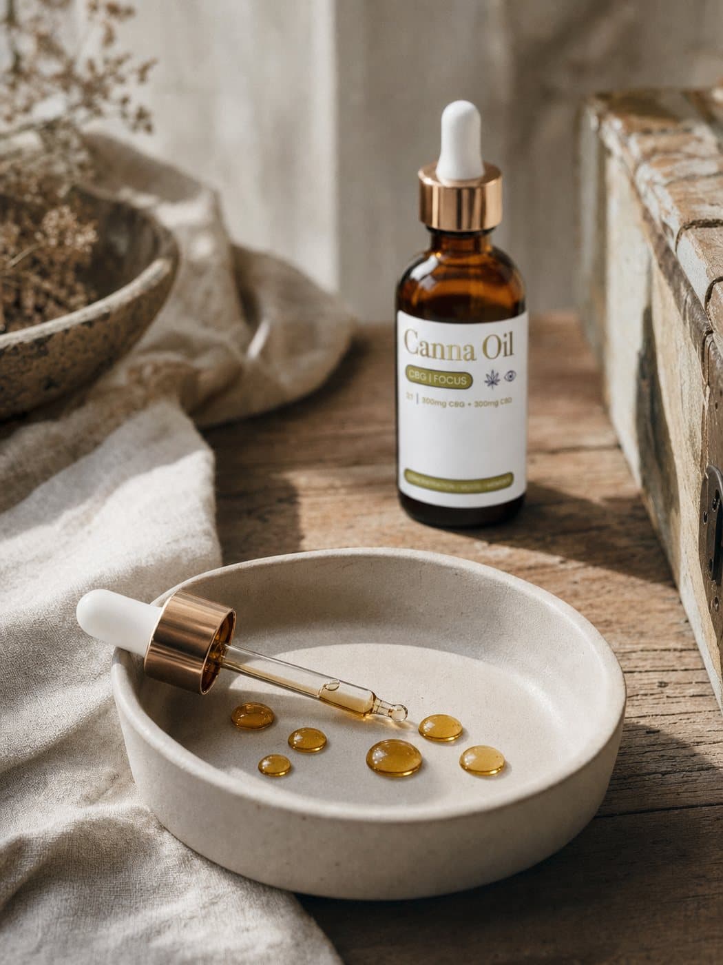 A shallow ceramic dish holding a handful of counted beads of amber oil, the glass pipette resting across its rim, the bottle standing behind and softly out of focus.