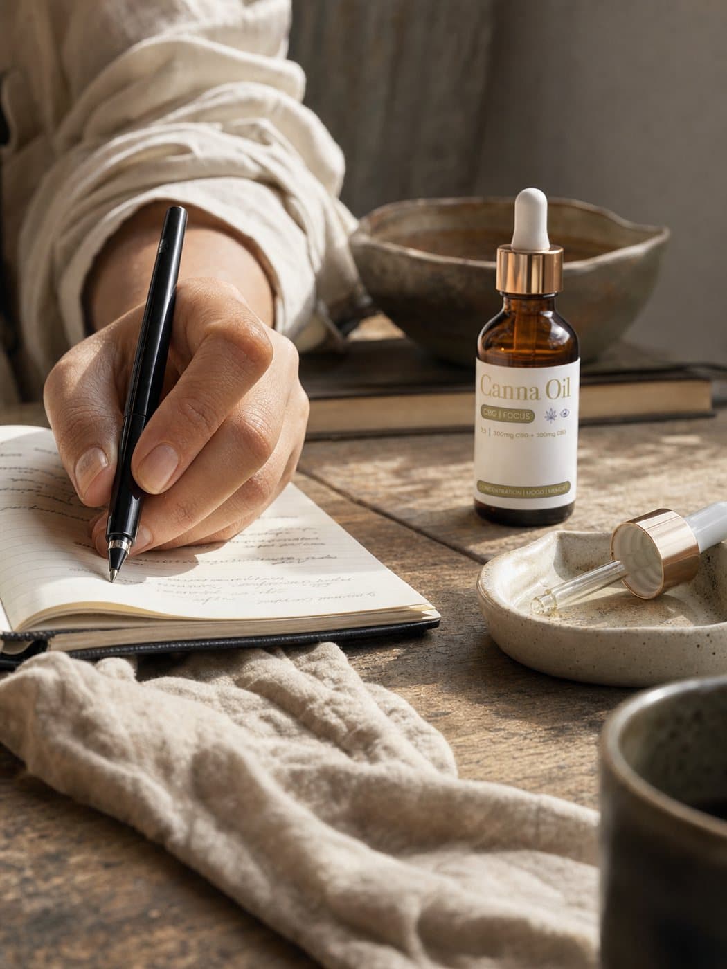 A hand writing in an open notebook, the bottle standing beside the page with its glass pipette resting on a small dish.