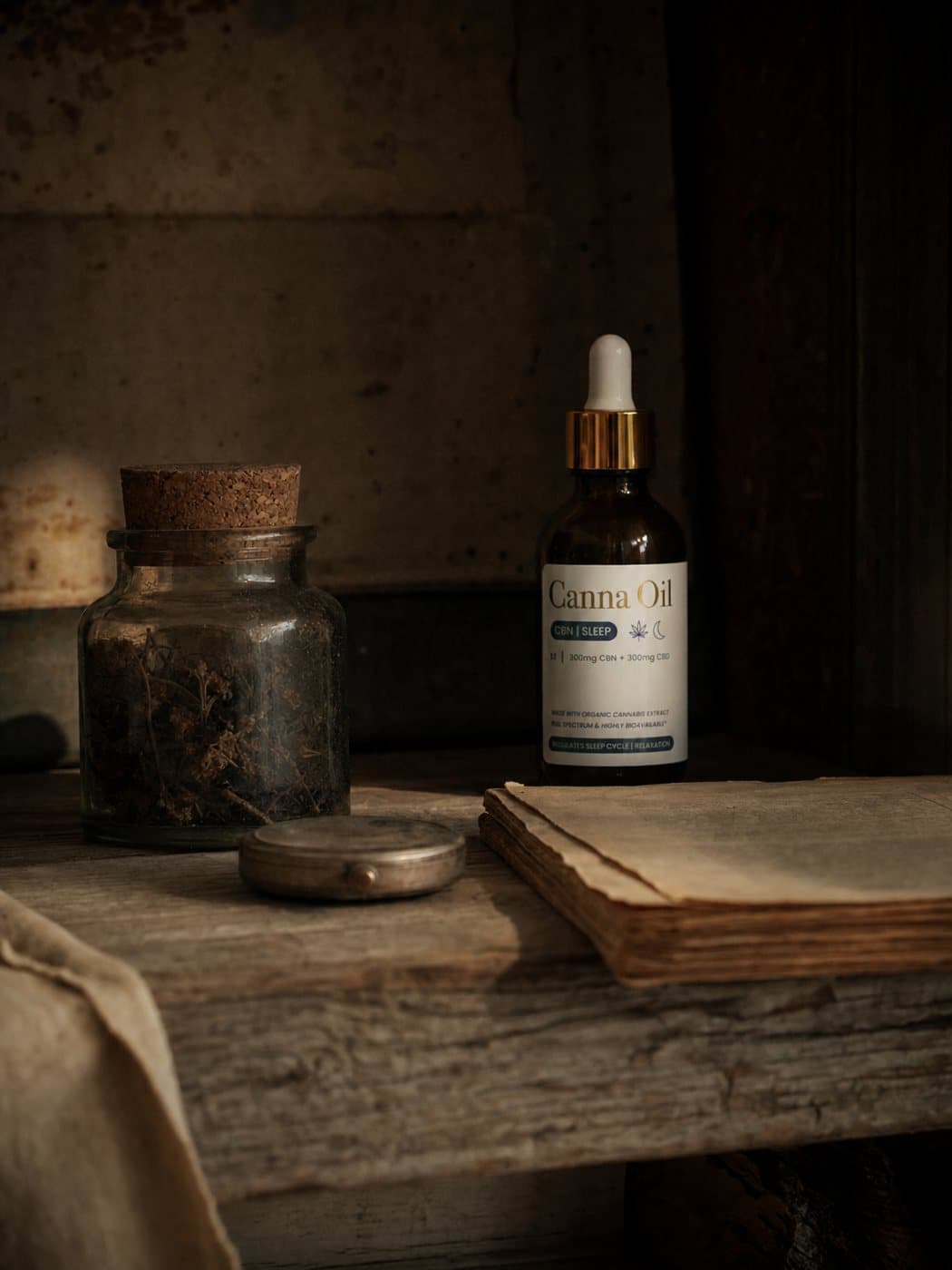 A weathered shelf in a dim room: an old corked glass jar of darkened dried material, a stopped clock and a stack of foxed paper, the bottle beside them.