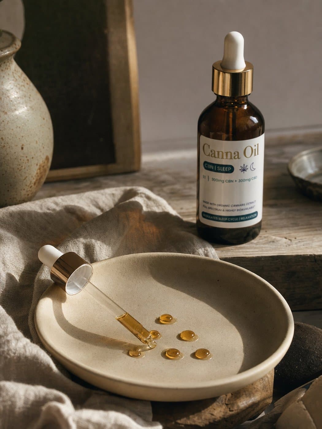 A shallow ceramic dish holding a handful of counted beads of amber oil, the glass pipette resting across its rim, the bottle standing behind and softly out of focus.