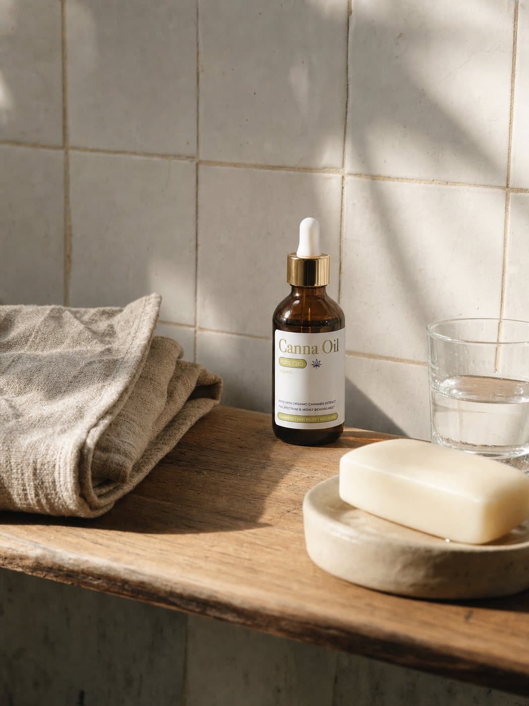 A bathroom shelf in morning light, the bottle beside a folded linen towel, a bar of soap and a glass of water.