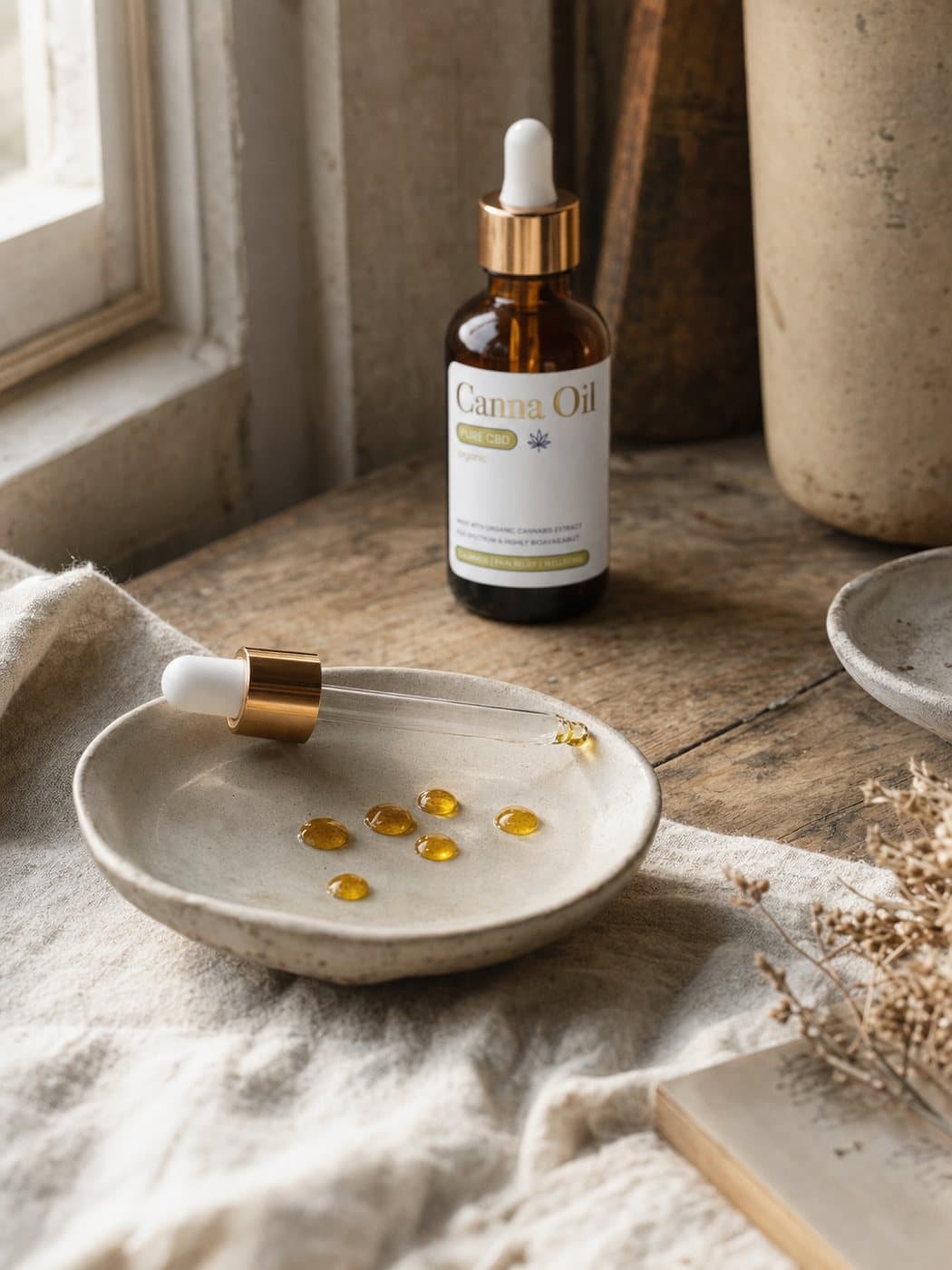 A shallow ceramic dish holding a handful of counted beads of amber oil, the glass pipette resting across its rim, the bottle standing behind and softly out of focus.