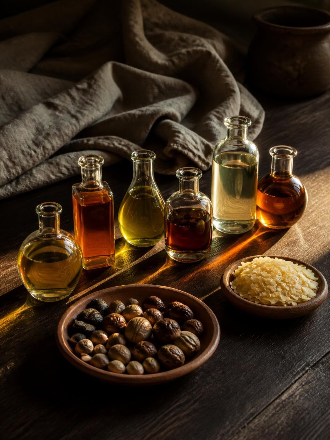 Six unlabelled glass apothecary bottles of oil in a loose cluster on a dark oiled walnut bench, each a different colour from pale straw through green-gold to deep amber, the low sun behind them throwing coloured light and long shadows forward across the timber, a shallow clay dish of hard-shelled tree seeds in front and a second dish of pale wax flakes at the right.