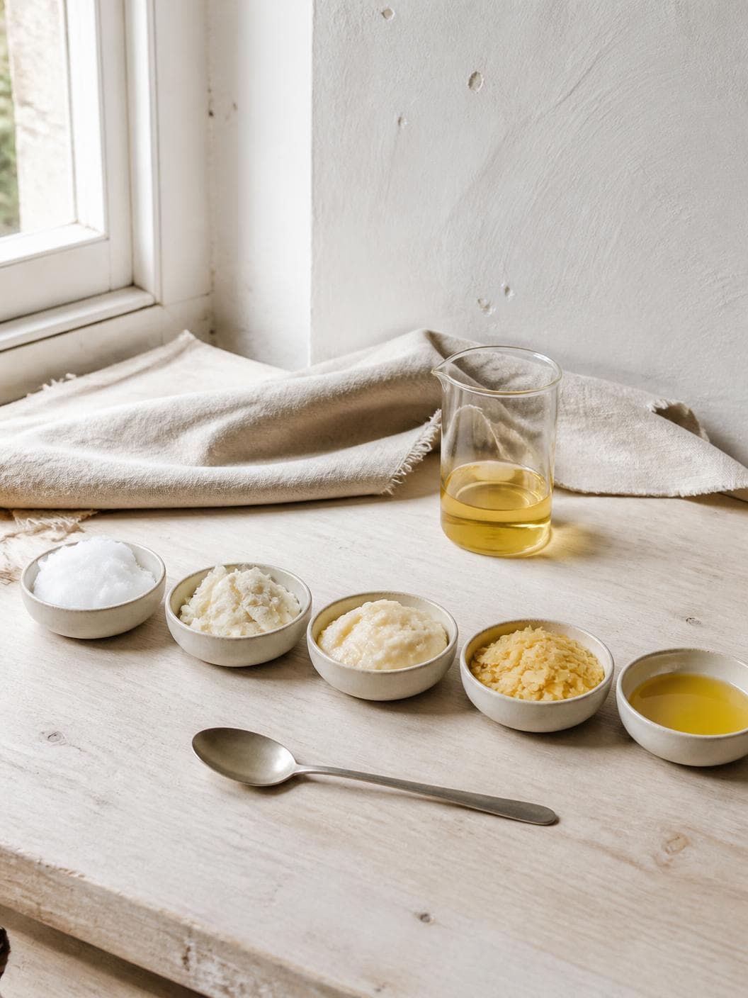 Five shallow cream ceramic dishes in a row on pale bleached timber by a window: a white curd of solid coconut oil, broken ivory shards, a soft cream paste, a heap of pale yellow wax flakes and a shallow pool of golden oil, with a plain glass beaker of the same oil behind and a worn steel spoon on the wood.