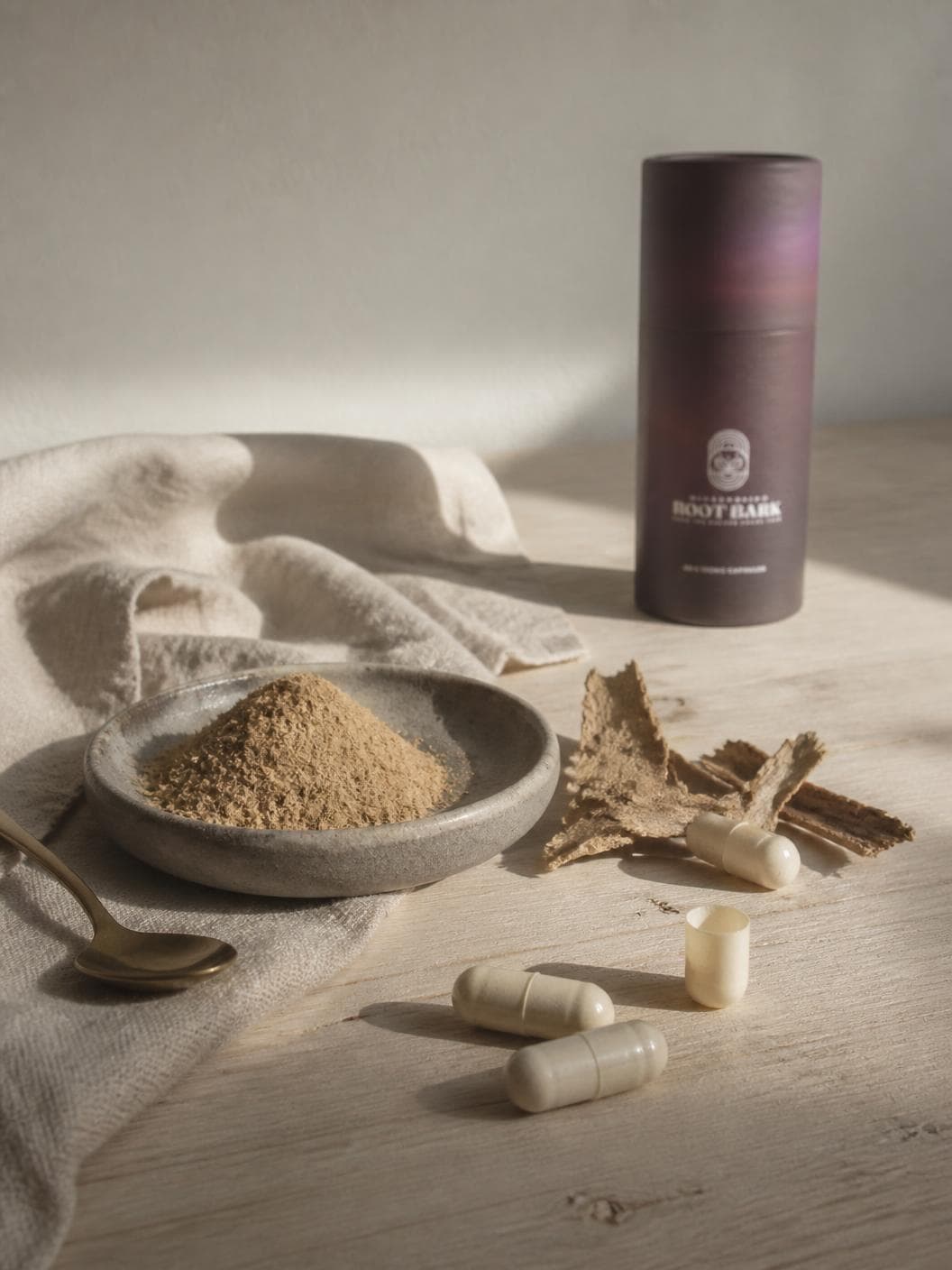 A pale timber table in side light: a shallow grey stone dish heaped with fine tan powder, a fan of curled dried bark strips laid behind it, three off-white capsules loose on the wood, a brass spoon on the linen at the left, and the aubergine tube standing well back at the top right.