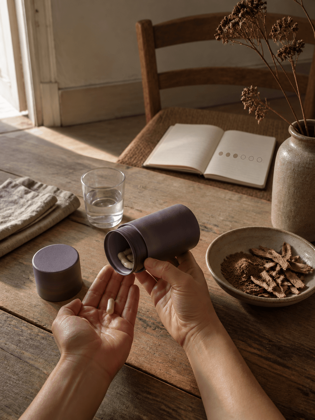 Hands tipping one pale capsule from a plum-coloured tube above a timber table, with water and dried root bark nearby and a notebook showing a simple seven-day rhythm in the background.