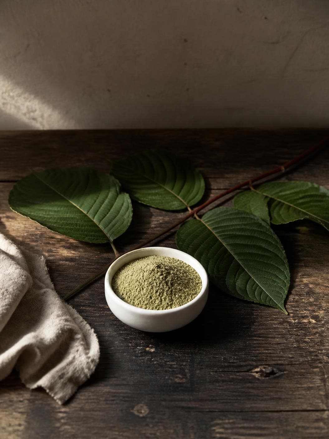 A dark timber workbench in raking daylight: a small white ceramic bowl heaped with sage-olive powder, and a cut spray of fresh kratom leaves laid across the boards behind it with the red-brown stems crossing the frame.