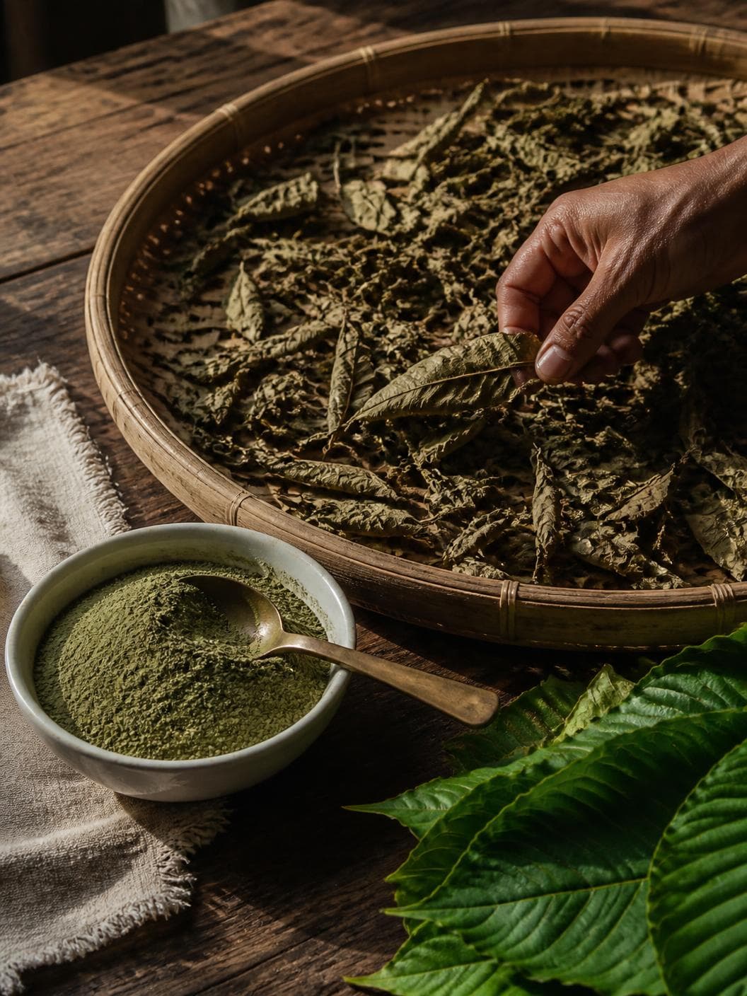 A wide woven drying tray of crumbling dried leaves on a dark timber bench, a hand lifting one whole leaf clear of the pile, a shallow bowl of milled sage-olive powder with a brass spoon beside it and fresh green leaves at the edge of the frame.