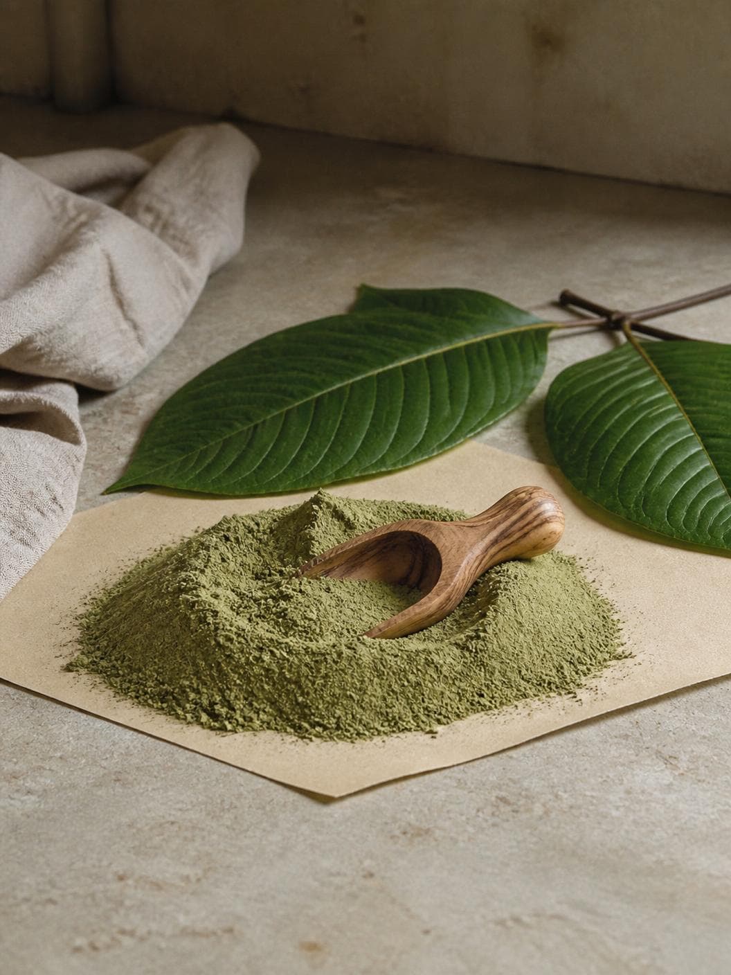 A pale stone counter in late-morning light: a low heap of sage-green powder tipped onto a sheet of uncoated paper with an olive-wood scoop half buried in it, two whole fresh kratom leaves laid on the stone beyond and a crumpled linen cloth at the edge.