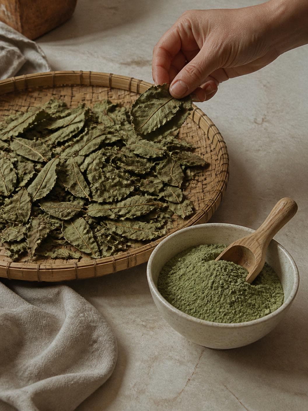 A wide woven drying tray of pale olive dried leaves on a stone counter, a hand lifting a few of them clear of the tray, and a cream ceramic bowl of milled powder with a wooden scoop resting in it.
