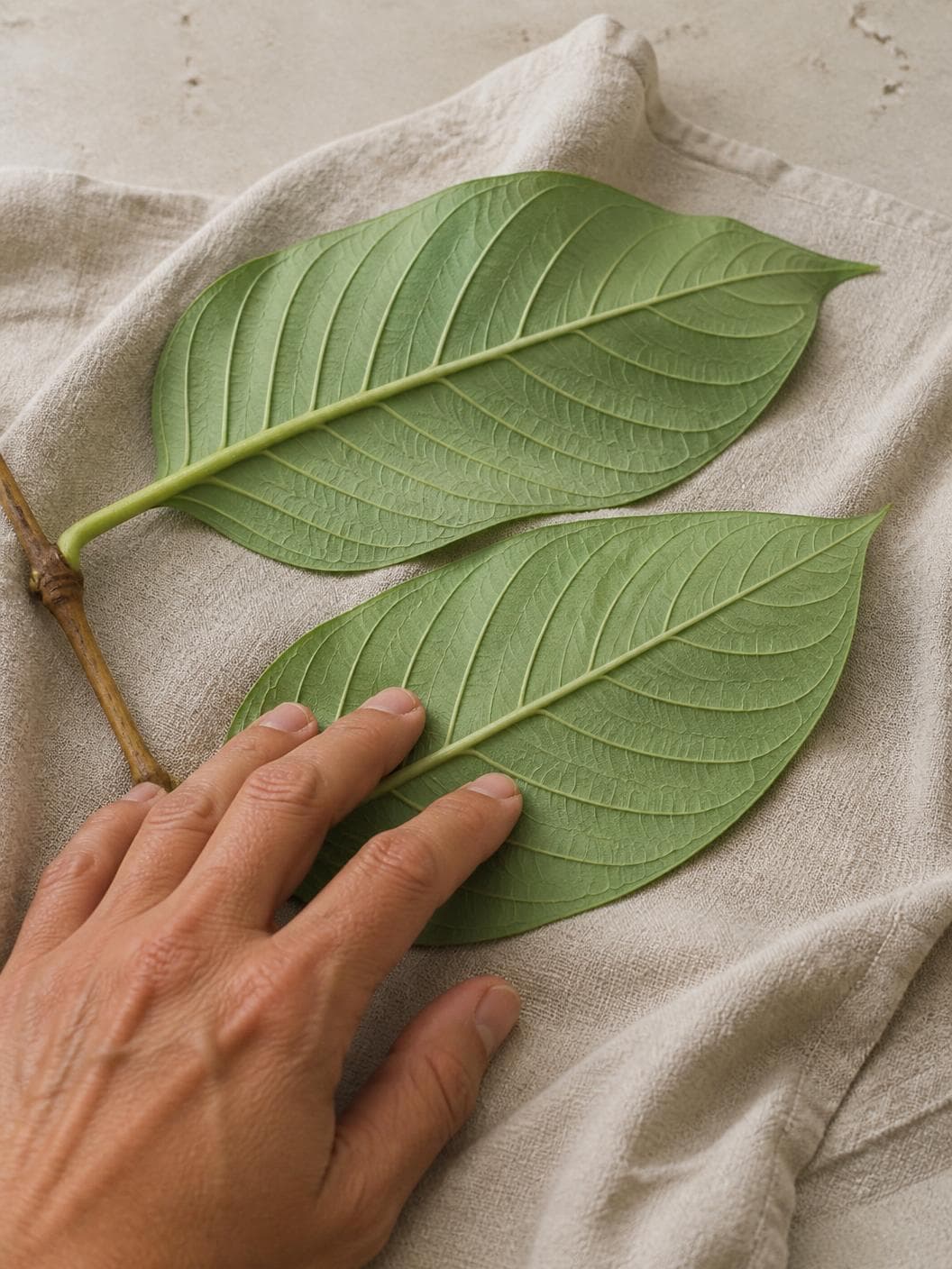 Two fresh kratom leaves laid underside-up on linen over pale stone, a hand smoothing the nearer one flat. Both midribs and stalks are pale cream-green.