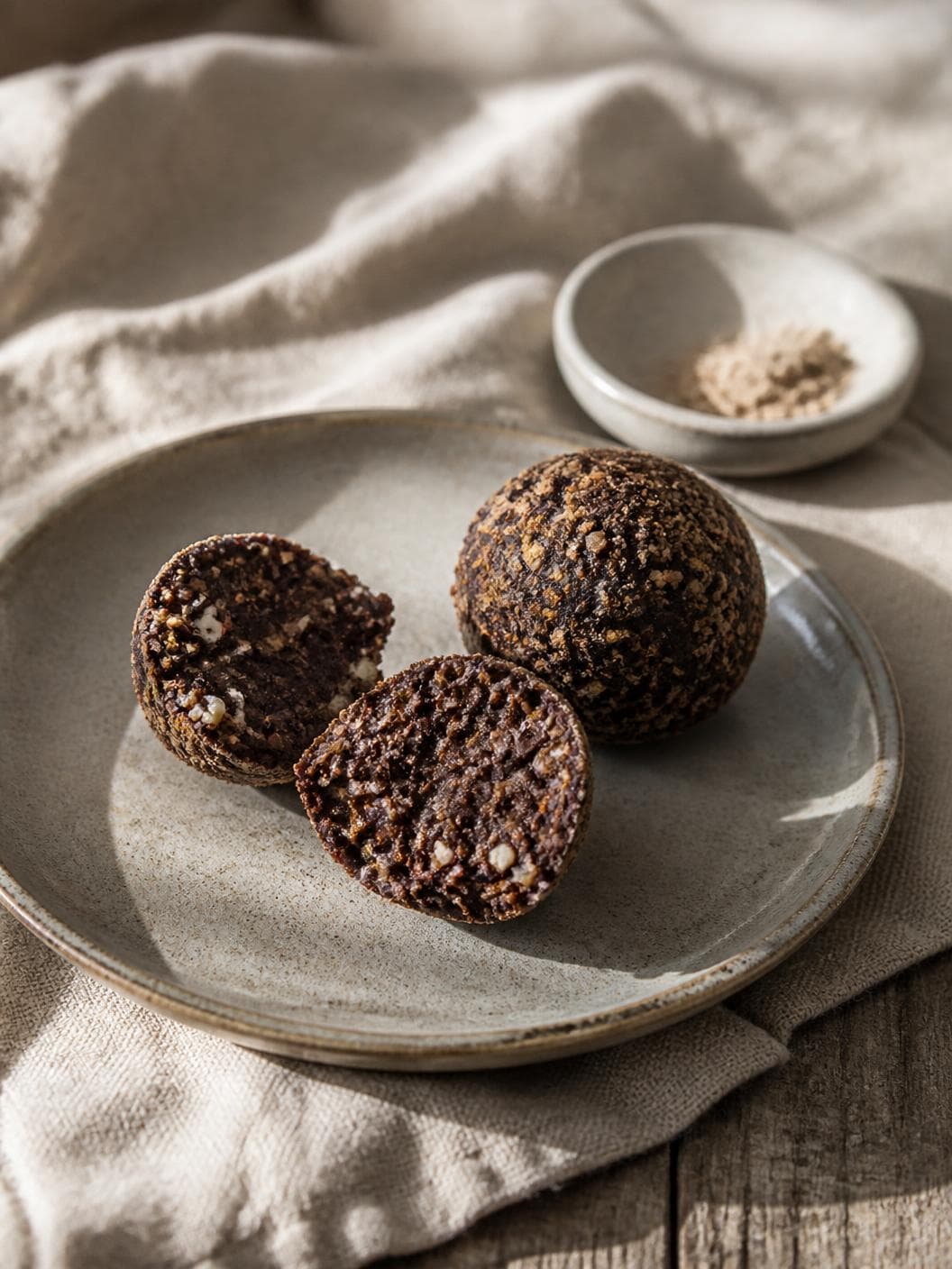 One whole studded ball and two halves of another on a speckled grey ceramic plate, the cut faces showing dense dark paste flecked with pale nut, a small shallow dish holding a scant pinch of fine pale powder behind them, linen bunched around the plate on dark timber.