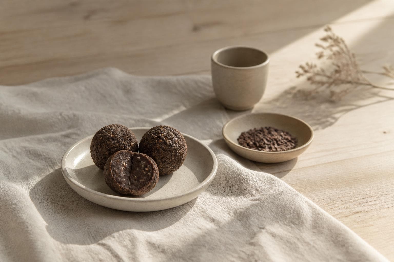 Three dark rough-surfaced balls on a shallow cream stoneware plate, the front one split open, set on a cream linen cloth drawn across a pale timber table; an empty stoneware cup and a low dish of cacao nibs stand behind, a dried sprig casting its shadow at the right, in hard raking daylight.