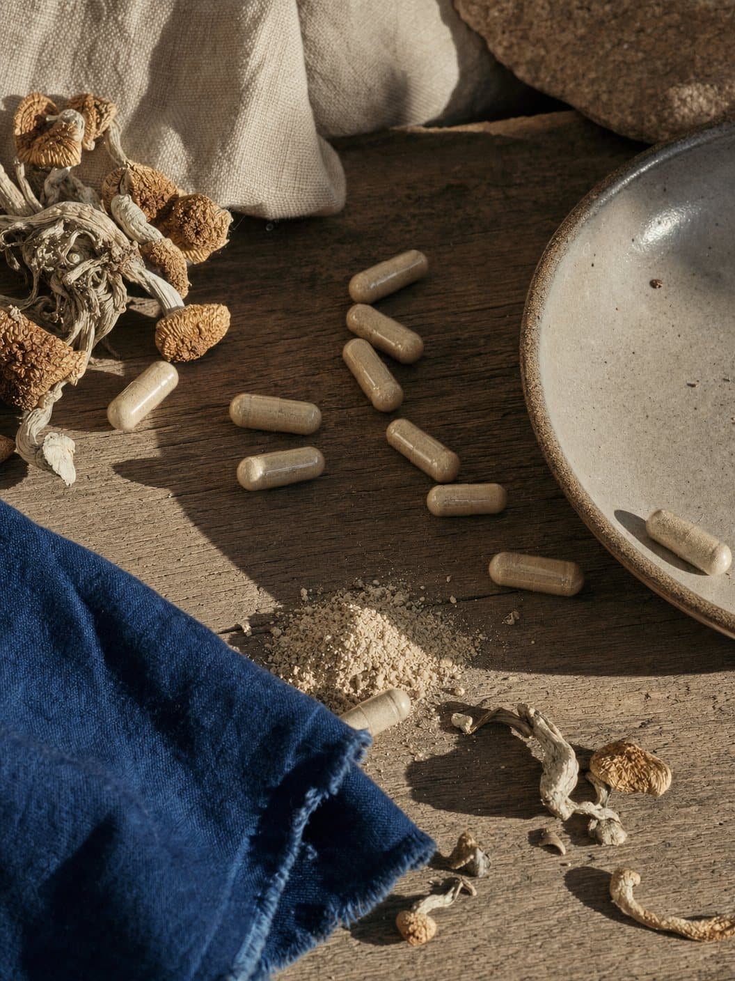 Capsules scattered across timber beside dried mushrooms and a heap of powder.