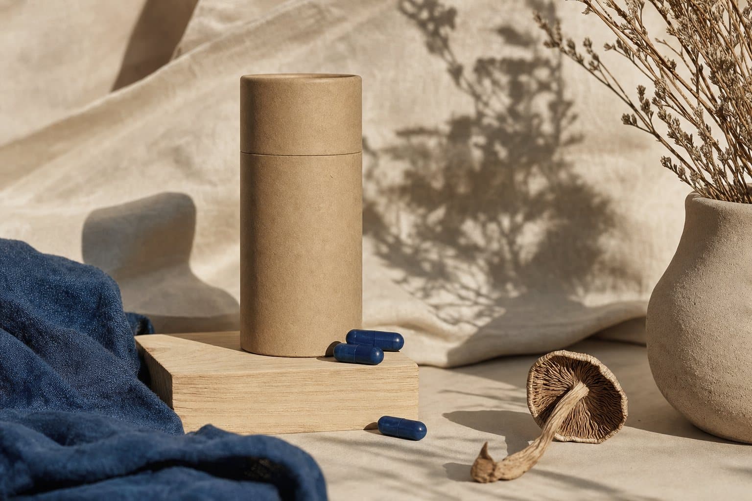 A paper tube on a timber riser, capsules spilled beside it, dried herbs at the frame edge.