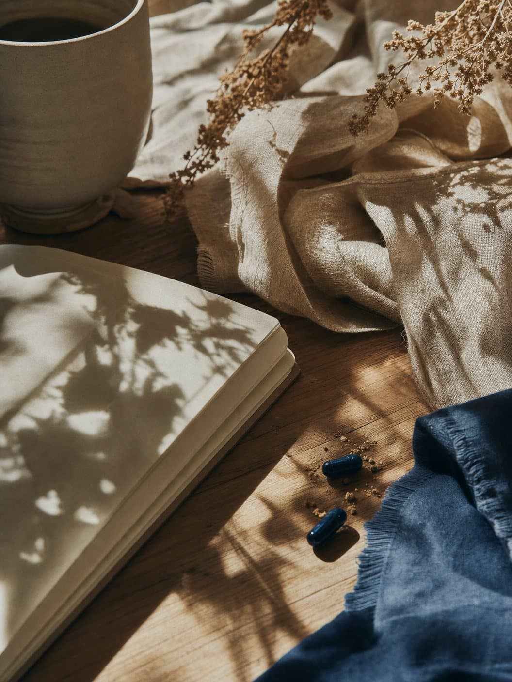 A morning table: a ceramic cup, folded linen, 2 capsules beside an open notebook.