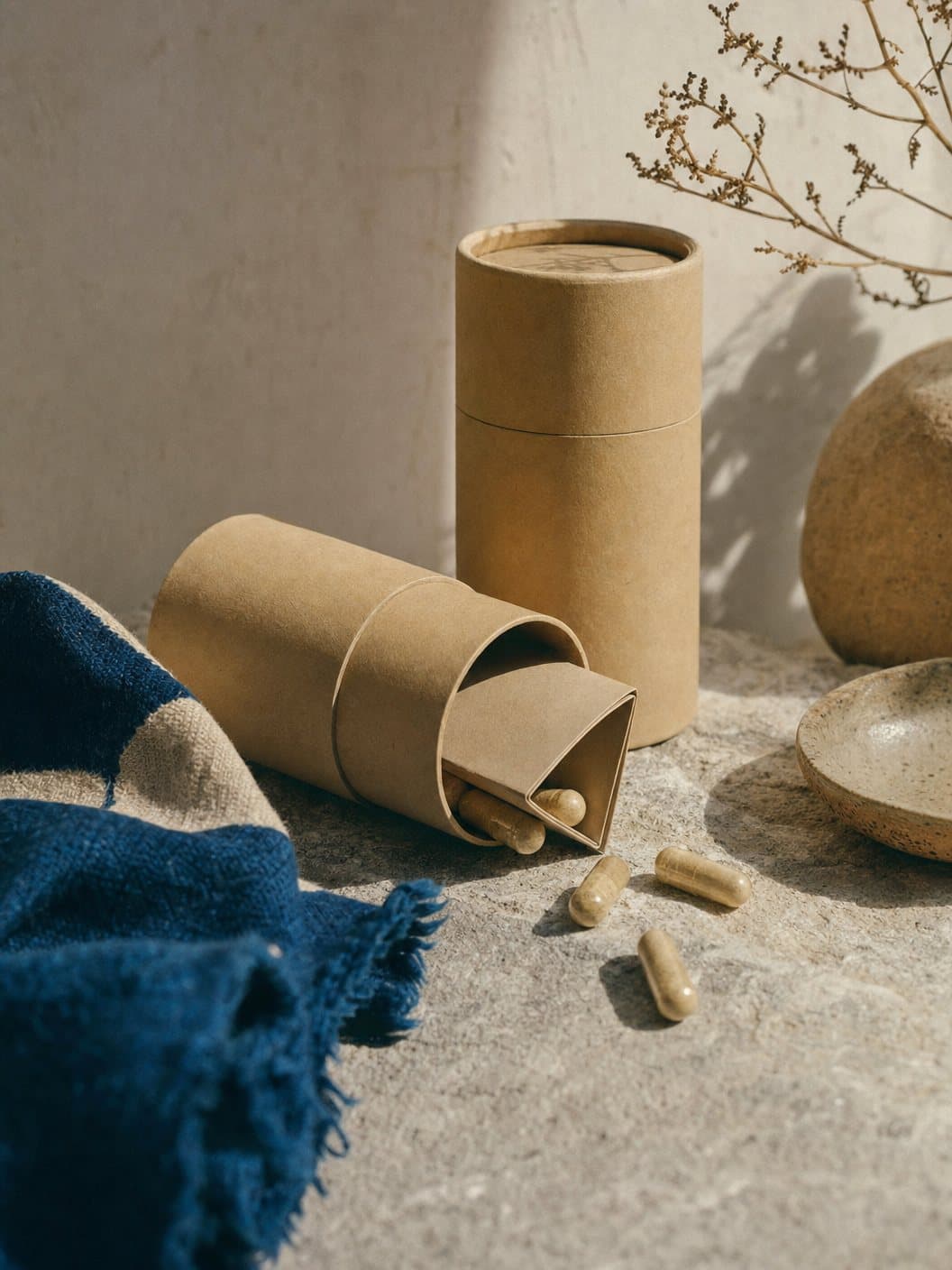 A paper tube open on its side, a folded insert half drawn out, a second tube behind.