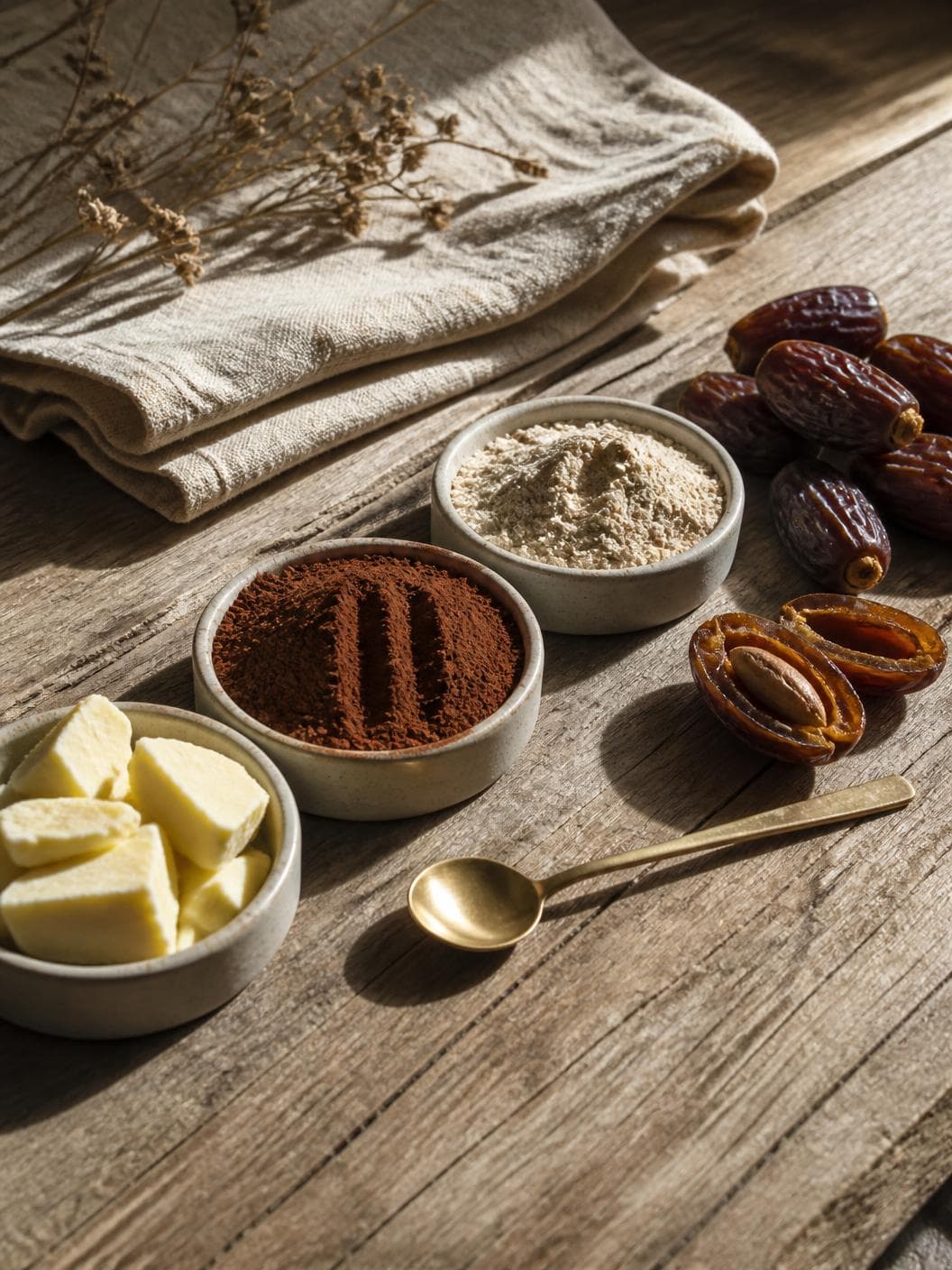 Looking down a weathered timber plank in hard raking sun: a dish of pale ivory cacao butter in broken chunks, a dish of deep red-brown cacao powder combed into ridges, a dish of fine pale flour, whole dark wrinkled dates beside them with two split open to show the stones, a long brass spoon on the wood and folded linen along the top edge.