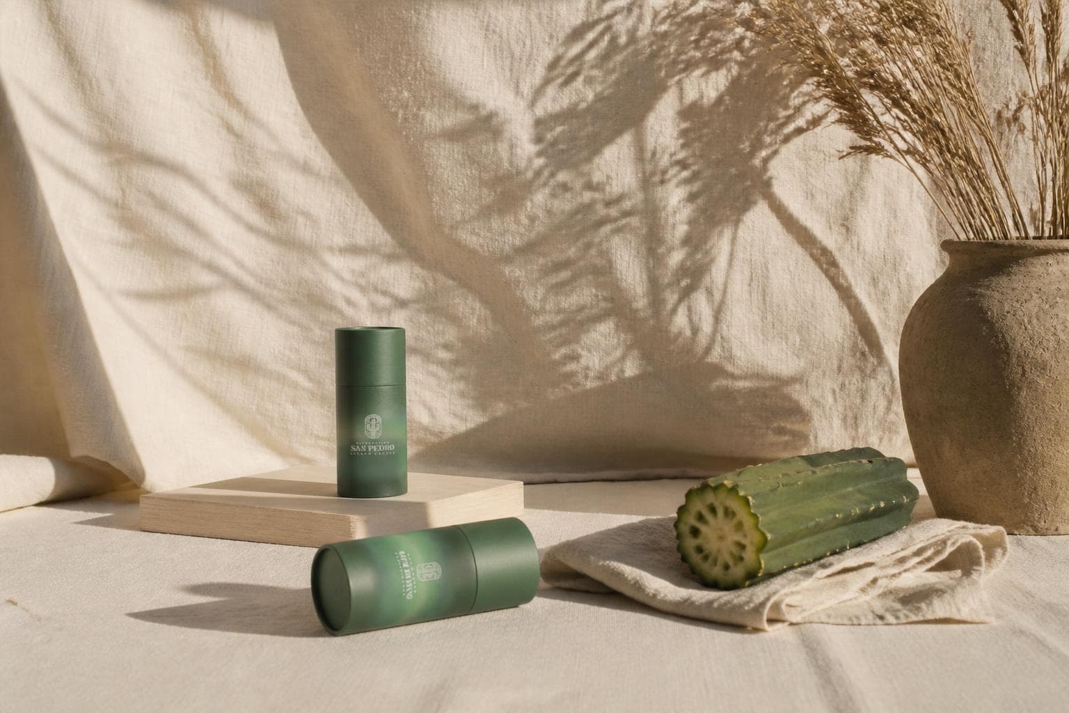 Two green paper tubes on pale linen, one standing on a timber block and one lying in front, a cut length of ribbed cactus stem on a folded cloth beside them and a clay vessel of dried grasses at the right.