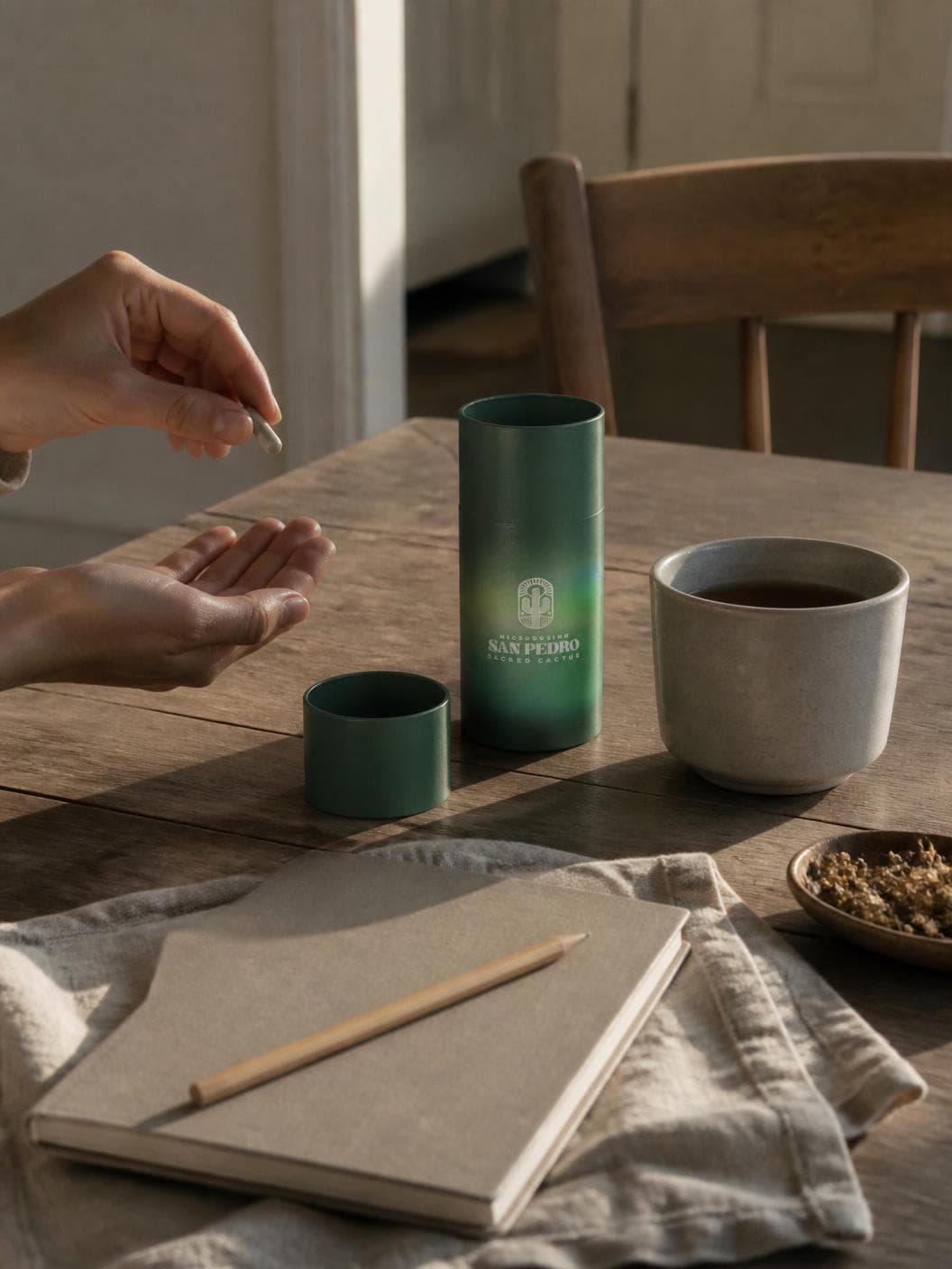 A worn kitchen table in morning light: one hand dropping a pale capsule into the open palm of the other, the green tube standing open beside its lid, a stoneware cup of tea, a linen cloth and a clothbound notebook with a pencil across it, a wooden chair behind.