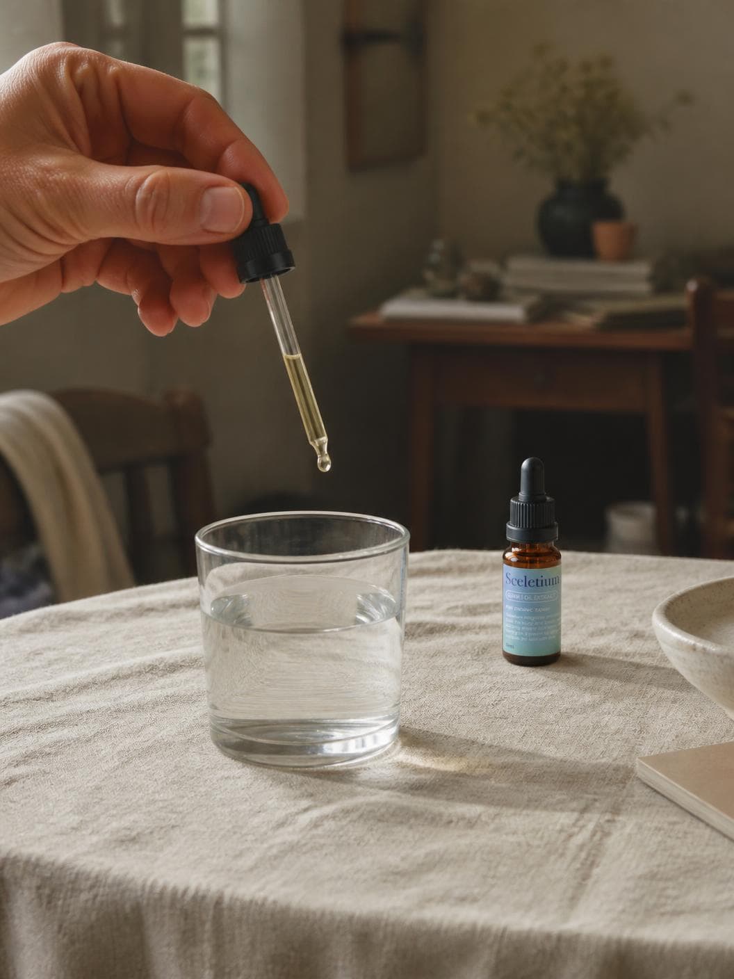 A hand cropped at the wrist holding a glass pipette above a plain glass of water on a linen-covered table, one round drop of pale oil hanging at its tip, the amber dropper bottle standing on the linen to the right, a dim room with a desk and a vase of dried flowers out of focus behind.