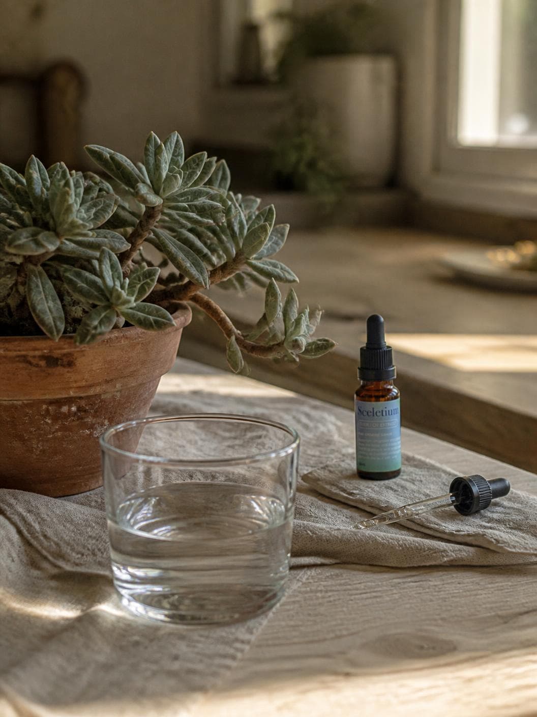 A worn timber table in low afternoon light: a fleshy-leaved succulent in a terracotta pot cropped by the frame at the left, a plain glass of water in front of it, the small amber dropper bottle standing on a folded cloth to the right with its glass pipette lying beside it, a window and a lived-in room out of focus behind.