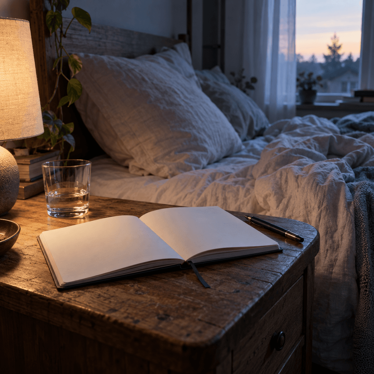 An open blank notebook and water glass beside an unmade bed in the first light of morning.