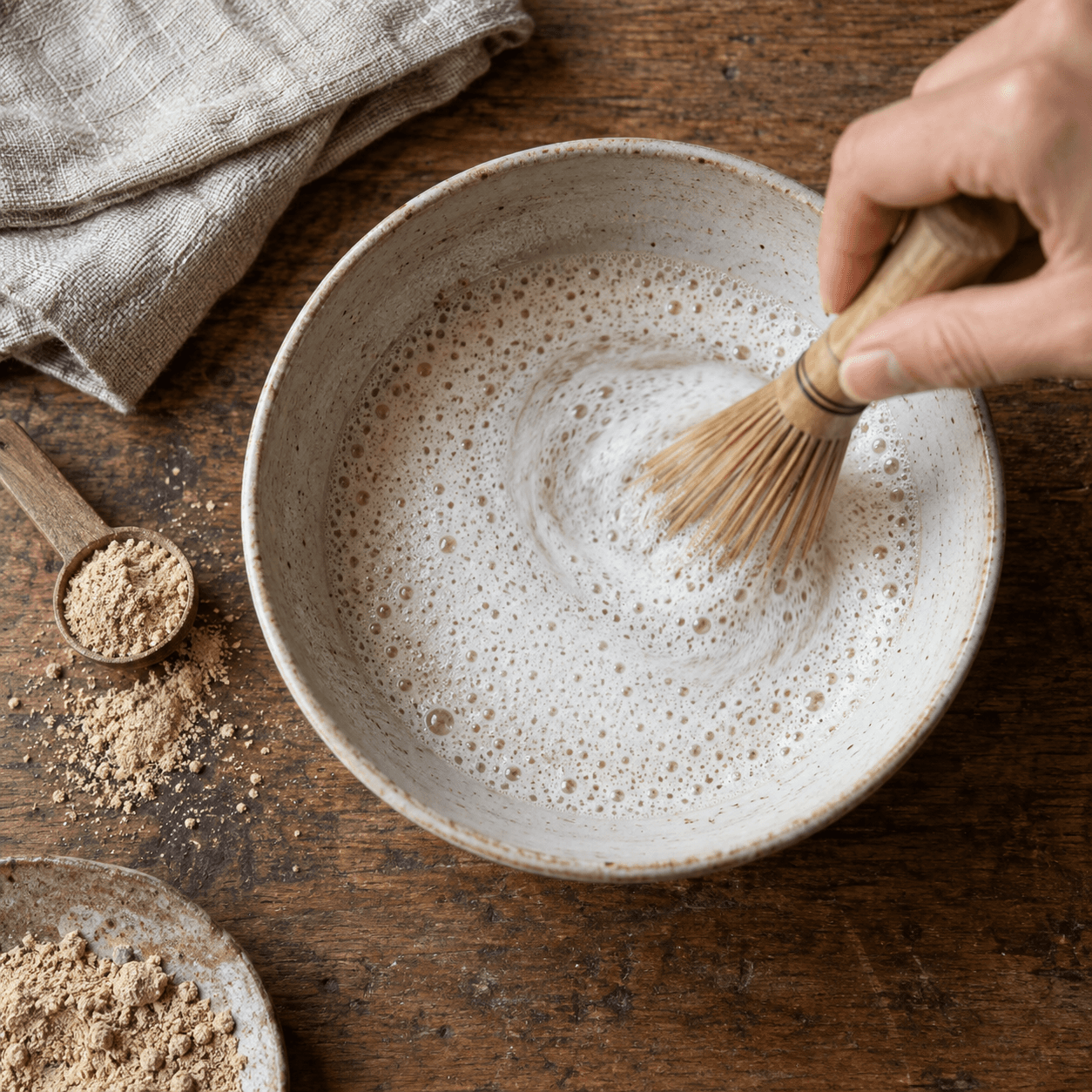 Tan root powder being whisked with water into a light foam in a ceramic bowl.