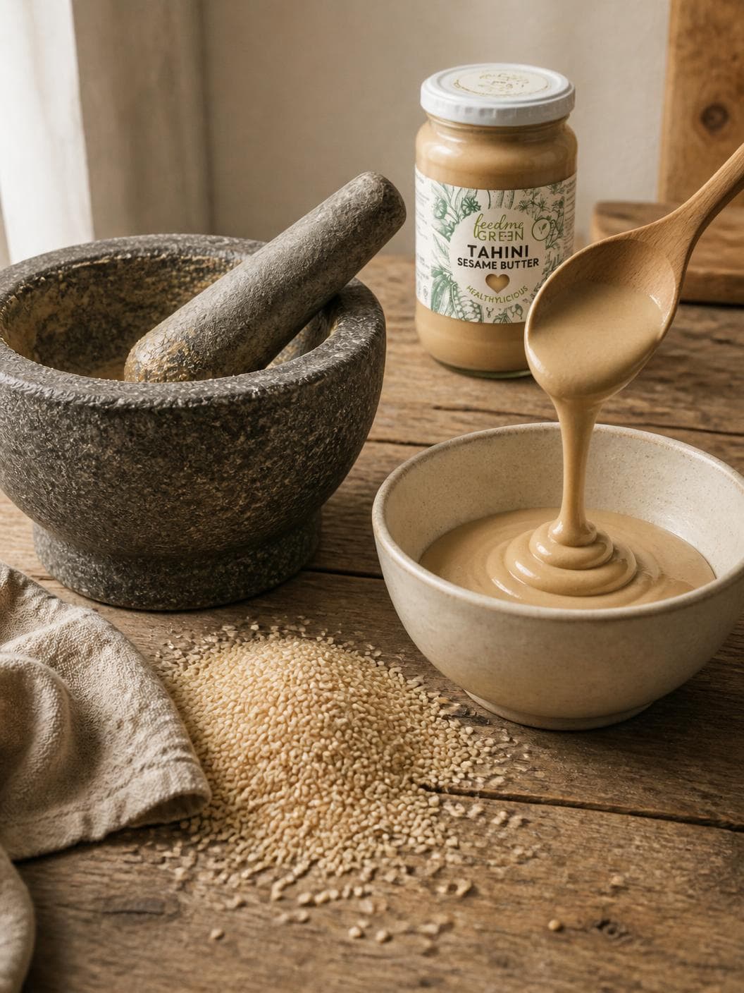 A heavy speckled granite mortar with its pestle laid across the rim, and beside it a thick ribbon of pale tahini falling from a wooden spoon into a cream ceramic bowl, a drift of sesame seeds spilled across the boards between them and the jar standing behind.